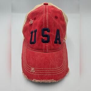 Retro Brand USA Distressed Trucker Hat Red Tan Mesh Snapback